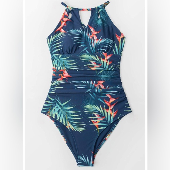 Teal Blue Bird Of Paradise Tropic Floral One Piece Swimsuit SIZE L Side Ruching - Picture 5 of 6